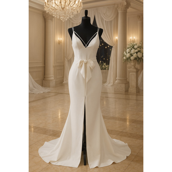 JJs House White Wedding Dress Sheath Column V-Neck Sweep Train Stretch Formal